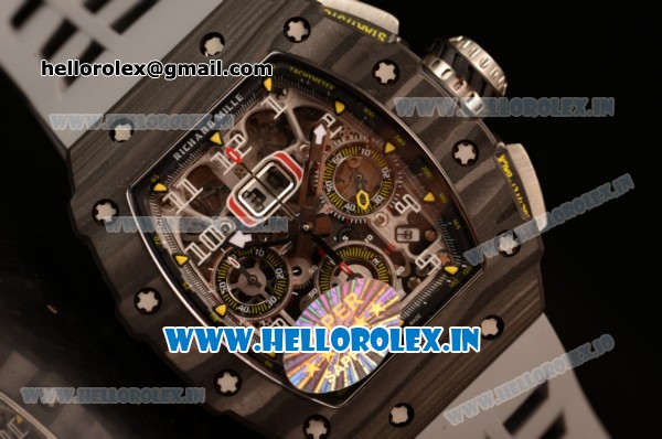 Richard Mille RM 11-09 Chrono Swiss Valjoux 7750 Automatic Carbon Fiber Case with Skeleton Dial Arabic Numeral and White Rubber Strap - 1:1 Original(KV) - Click Image to Close